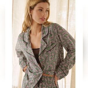 Anthropologie Kari Long-Sleeve Pajama Top Size S Green Butterfly Print BM-1666